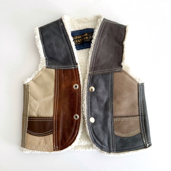 Other - Kids real leather gray blue tan brown colorblock Sherpa lined button up vest